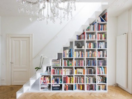 Book-nook-under-white-stairs